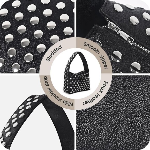 Y2K Black Vegan Leather Studded Shoulder Bag with Zipper Closure - Picture 6 of 7